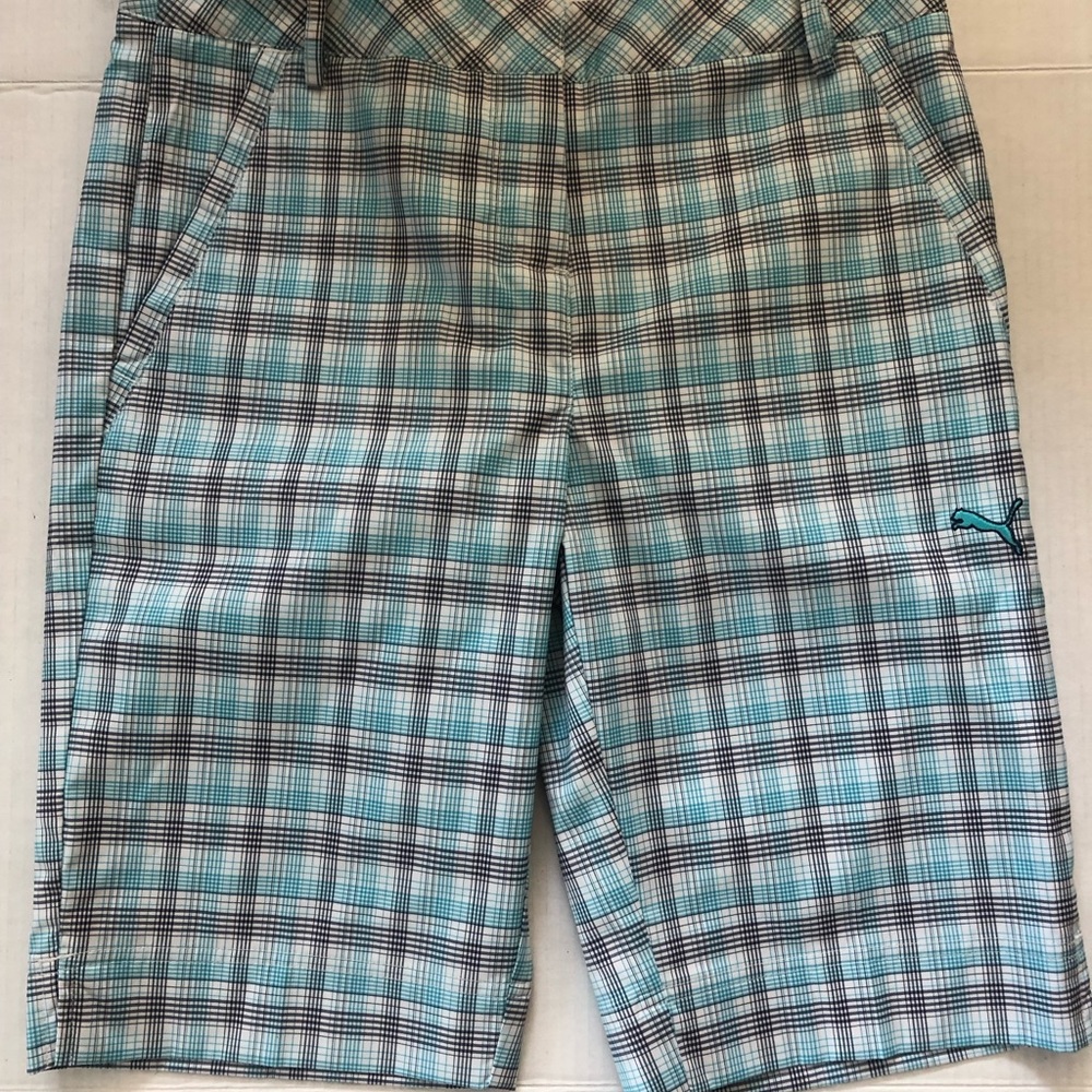 Puma Plaid Bermuda Shorts in Teal, White & Black
